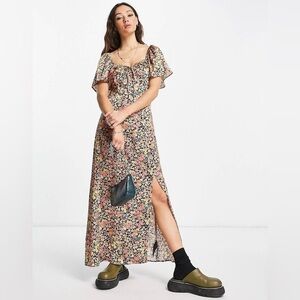 NWT TopShop Floral Maxi Satin Flutter Sleeve Dress- US 6